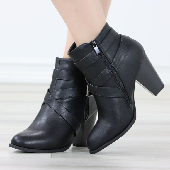 Black Ankle Boots High Heeled Booties Pointed Toe Chunky Cone Heel - Picture 8 of 12